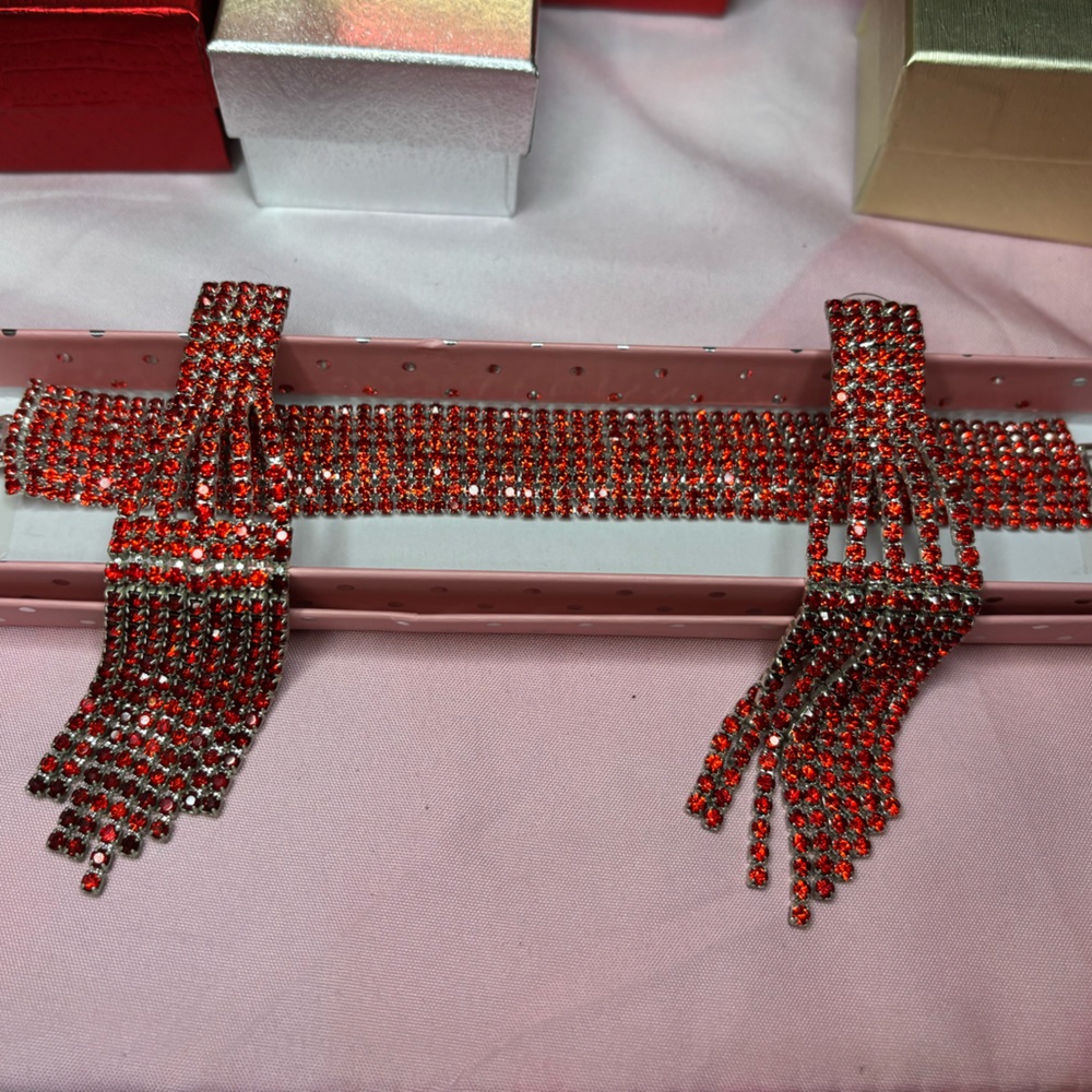 Elegant Red Rhinestone Bracelet and Long Earrings Set